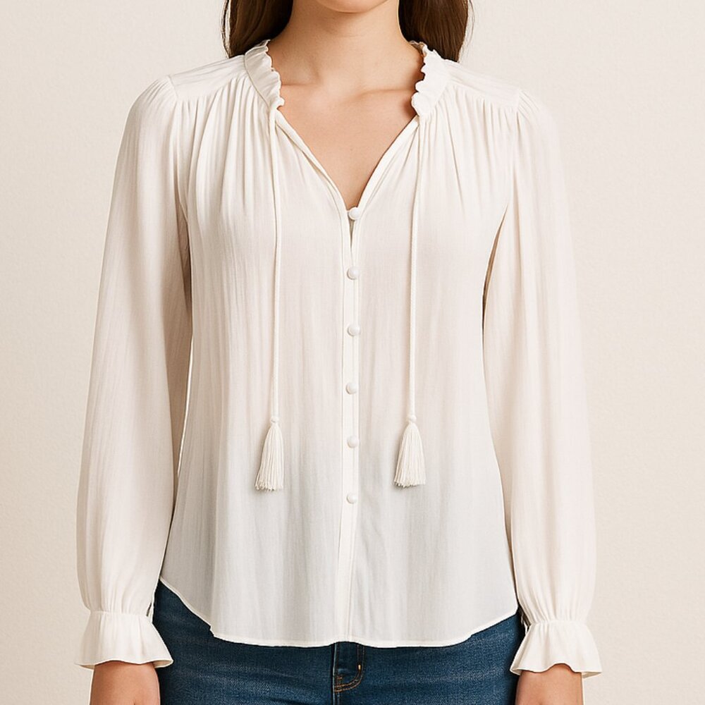 NEW Forever 21 Elegant White Blouse with Elastic Cuffs Victorian Bohohemian Larg